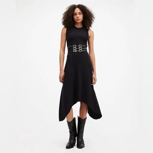 All Saints Gia Ribbed Asymmetrical Midi Dress